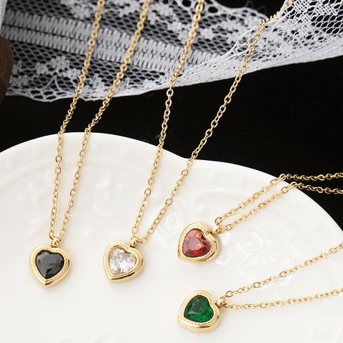 Ig Style French Style Commute Heart Shape Stainless Steel Titanium Steel Plating Inlay Zircon 18k Gold Plated Pendant Necklace