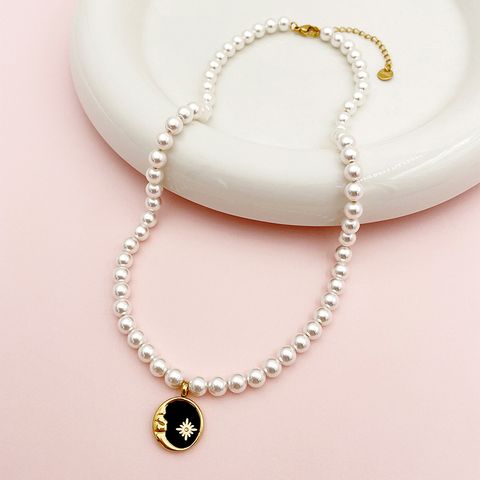 304 Stainless Steel Gold Plated Elegant Sweet Beaded Enamel Plating Round Pearl Zircon Necklace