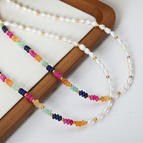 Wholesale Elegant Simple Style Colorful Freshwater Pearl Titanium Steel Beaded Plating 18k Gold Plated Necklace
