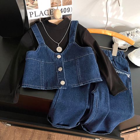Streetwear Solid Color Button Cotton Spandex Polyester Girls Clothing Sets