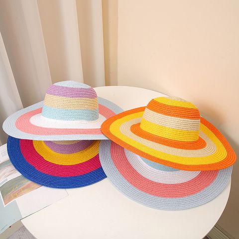 Women's Vacation Beach Color Block Big Eaves Straw Hat
