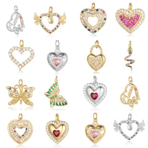 Streetwear Heart Shape Snake Butterfly Copper Plating Inlay Zircon 18k Gold Plated Charms Jewelry Accessories