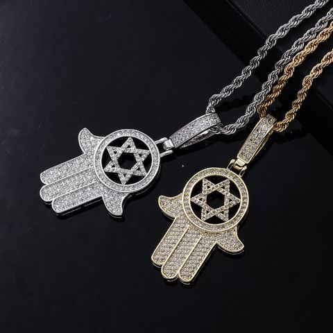 Hip-Hop Retro Palm 304 Stainless Steel Copper Plating Chain Inlay Zircon Men's Necklace Pendant