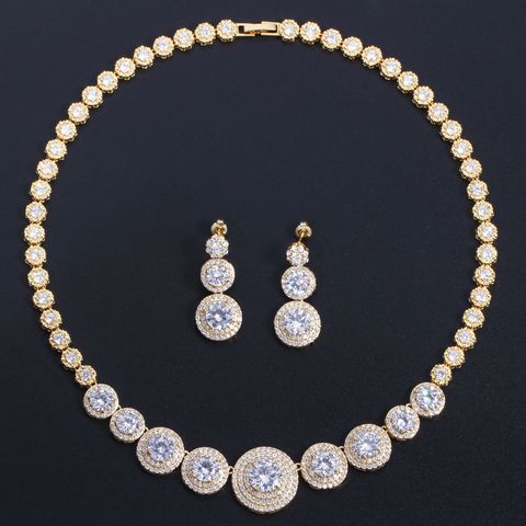 Luxurious Bridal Round Water Droplets Copper Plating Inlay Artificial Gemstones White Gold Plated Rhodium Plated Jewelry Set