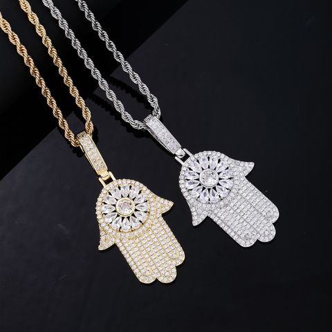 Hip-Hop Retro Commute Hand Of Fatima 304 Stainless Steel Copper Plating Inlay Zircon K Gold Plated Rhodium Plated Unisex Necklace Pendant