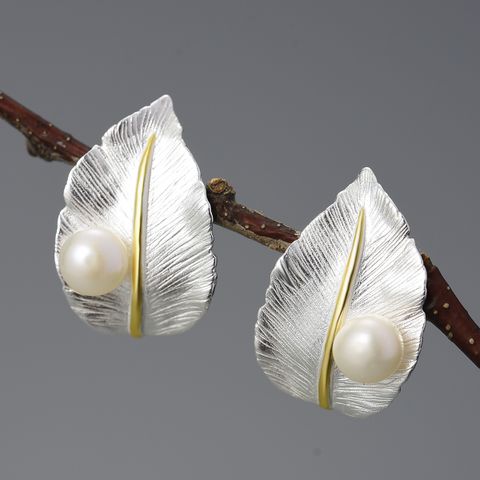 1 Pair Vintage Style Leaves Plating Inlay Sterling Silver Artificial Pearls Ear Studs