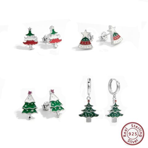 1 Pair Cute Christmas Basic Christmas Tree Plating Inlay Sterling Silver Zircon White Gold Plated Rhodium Plated Ear Studs