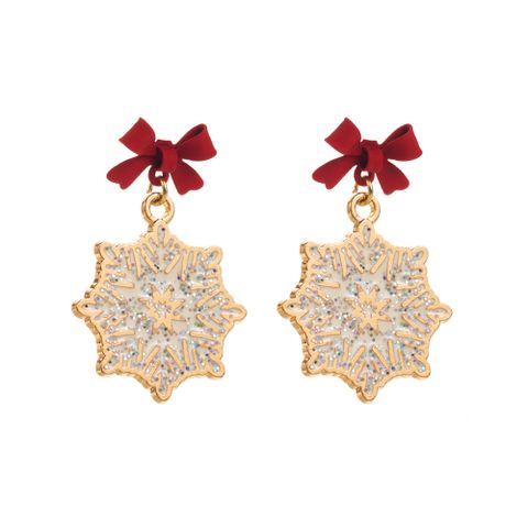 1 Pair Elegant Streetwear Bow Knot Snowflake Enamel Alloy Gold Plated Drop Earrings