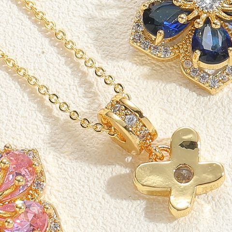 Elegant Simple Style Flower Butterfly Copper Plating Inlay Zircon 14k Gold Plated White Gold Plated Pendant Necklace