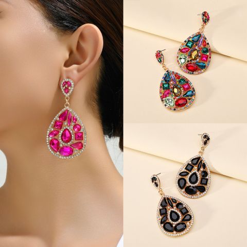 1 Pair Simple Style Classic Style Oval Plating Inlay Zinc Alloy Glass Dangling Earrings
