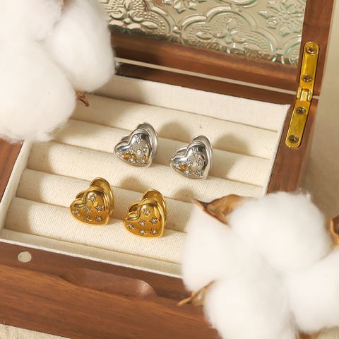 1 Pair Elegant Retro Roman Style Heart Shape Plating Inlay 304 Stainless Steel Zircon Ear Studs