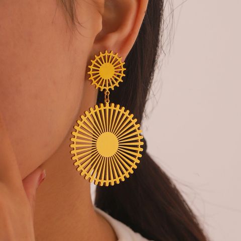 1 Pair IG Style Retro Geometric Circle Gear Plating Hollow Out 304 Stainless Steel 18K Gold Plated Drop Earrings