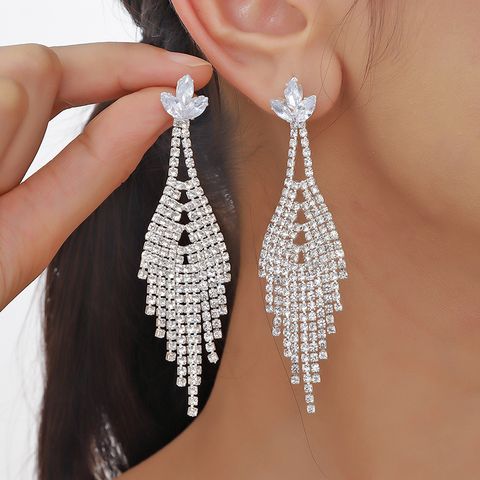 1 Pair Simple Style Solid Color Tassel Plating Inlay Alloy Rhinestones Silver Plated Drop Earrings