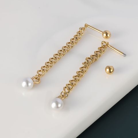 1 Pair Vintage Style Solid Color Polishing Plating Stainless Steel Artificial Pearl Pearl 18K Gold Plated Ear Studs