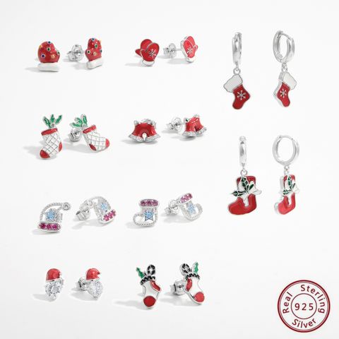 1 Pair Cute Christmas Hat Christmas Socks Epoxy Plating Inlay Sterling Silver Zircon White Gold Plated Rhodium Plated Ear Studs