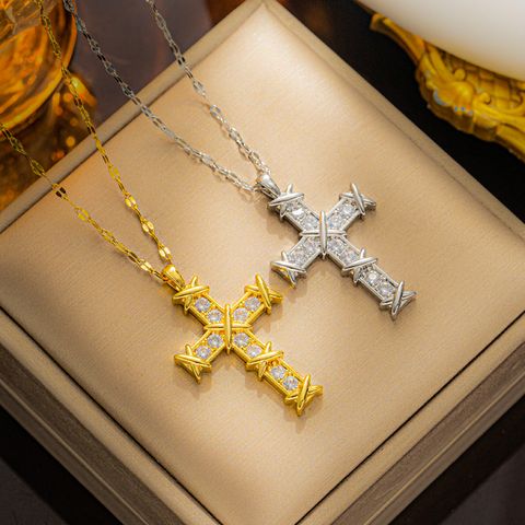 Vintage Style Cross Stainless Steel Plating Inlay Zircon 18k Gold Plated Pendant Necklace