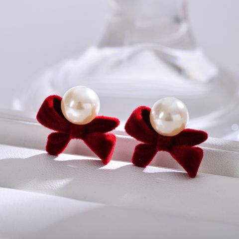 1 Pair Vintage Style Bow Knot Plating Inlay Flocking Artificial Pearls Ear Studs