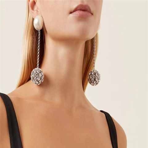 1 Pair Luxurious French Style Round Plating Inlay Alloy Artificial Pearls Rhinestones Silver Plated Drop Earrings