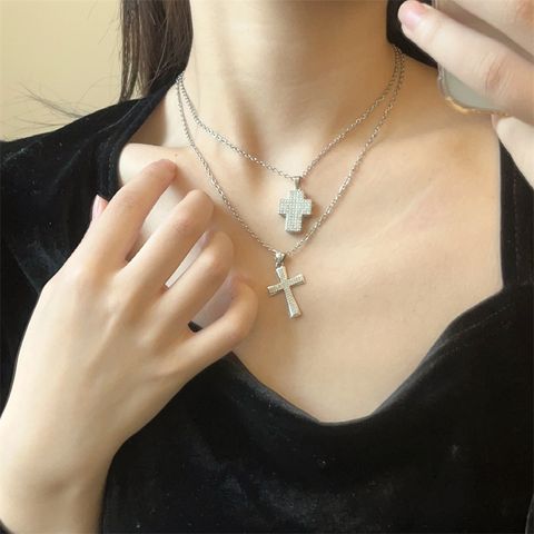 Casual Hip-Hop Retro Cross 304 Stainless Steel Copper Plating Inlay Rhinestones Women's Pendant Necklace