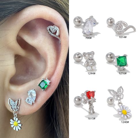 1 Piece Simple Style Bear Flower Plating Inlay Brass Zircon 18k Gold Plated White Gold Plated Ear Studs