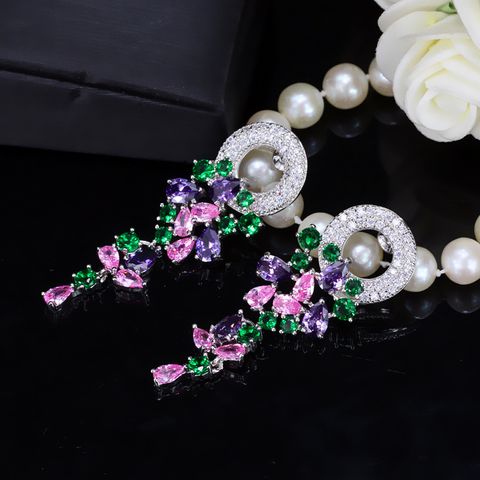 1 Pair Casual Simple Style Flower Plating Inlay Copper Zircon Rhodium Plated Silver Plated Drop Earrings