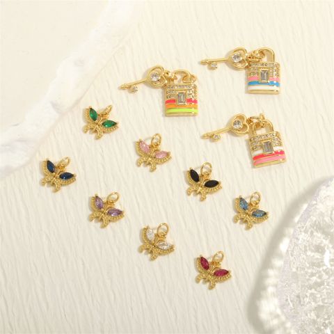 Simple Style Streetwear Butterfly Key Lock Copper Enamel Inlay Zircon 18k Gold Plated Charms