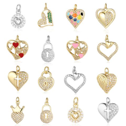 Streetwear Heart Shape Crown Copper Plating Inlay Zircon 18k Gold Plated Charms Jewelry Accessories