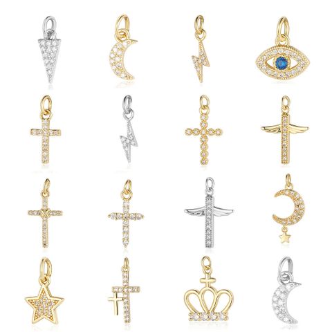 Simple Style Cross Moon Eye Copper Plating Inlay Zircon 18k Gold Plated Charms Jewelry Accessories
