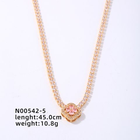 Wholesale Elegant Simple Style Geometric Four Leaf Clover Flower Copper Plating Inlay Zircon Pendant Necklace