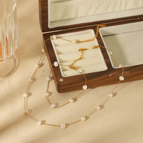 304 Stainless Steel Freshwater Pearl 18K Gold Plated Lady Simple Style Polishing Plating Solid Color Bracelets Necklace