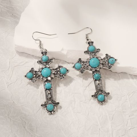 1 Pair Simple Style Cross Inlay Alloy Turquoise Drop Earrings
