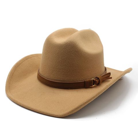 Unisex Retro Cowboy Style Solid Color Metal Button Big Eaves Fedora Hat