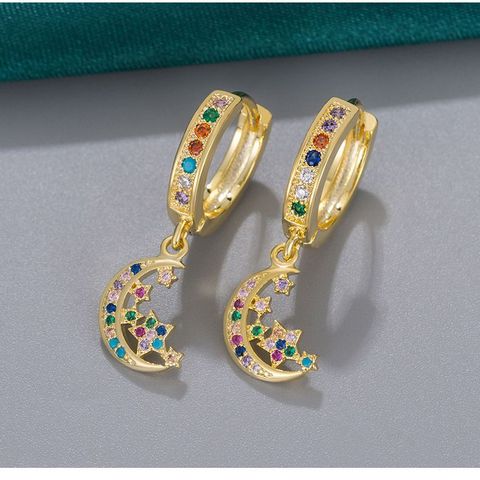 1 Pair Lady Star Moon Inlay Copper Zircon Drop Earrings