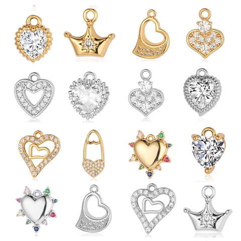Glam Heart Shape Crown Copper Plating Inlay Zircon 18k Gold Plated Charms Jewelry Accessories