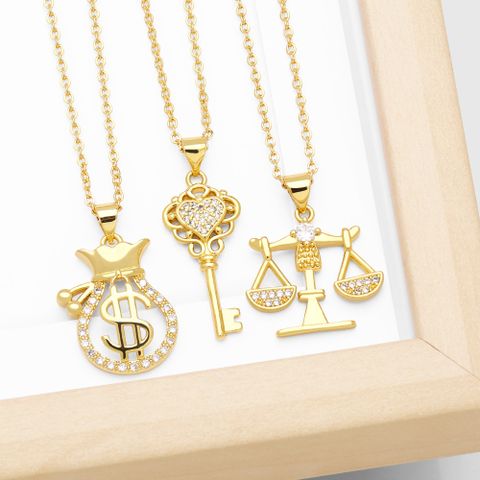 Modern Style Simple Style Heart Shape Key Copper Plating Inlay Zircon 18k Gold Plated Pendant Necklace
