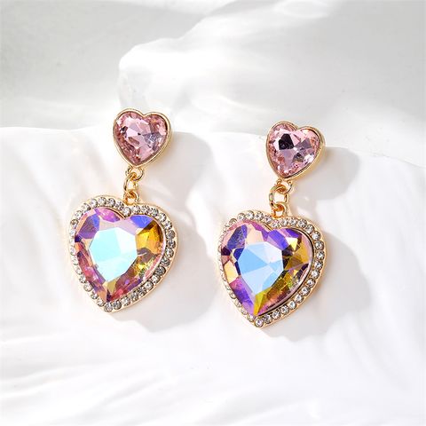 1 Pair Retro Simple Style Heart Shape Inlay Copper Glass Drop Earrings