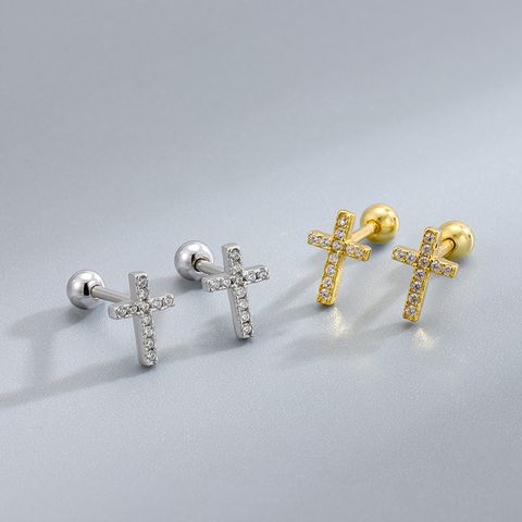 1 Pair Vintage Style Cross Plating Inlay Sterling Silver Rhinestones White Gold Plated Gold Plated Ear Studs