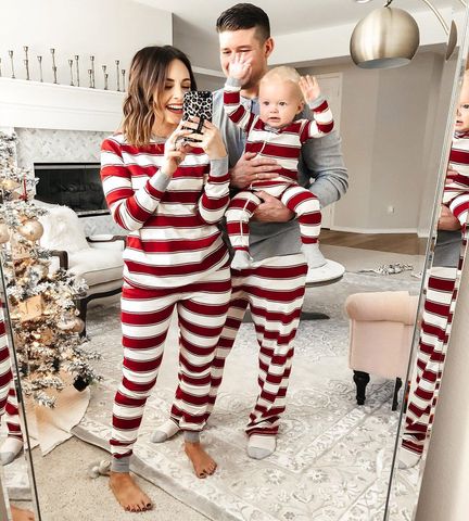 Home Family Look Casual Stripe Cotton Blend Pants Sets Family Matching Outfits