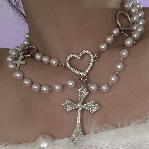 Vintage Style Cross Silver Plated Rhinestones Alloy Wholesale Layered Necklaces
