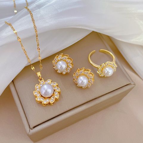 Titanium Steel Copper Simple Style Streetwear Inlay Flower Artificial Gemstones Artificial Pearls Rings Earrings Necklace