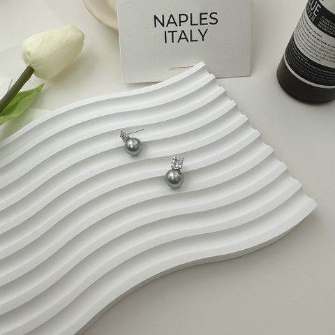 1 Pair Simple Style Commute Round Plating Inlay Sterling Silver Artificial Pearls Zircon White Gold Plated Ear Studs