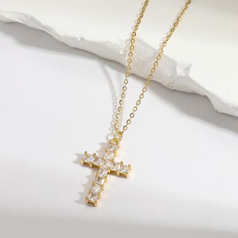 Vintage Style Cross Stainless Steel Copper Plating Inlay Zircon Gold Plated Pendant Necklace