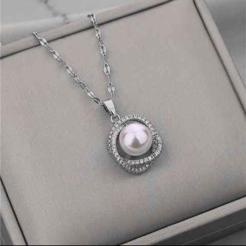 Großhandel Elegant Runden Titan Stahl Künstliche Perlen Zirkon Ringe Halskette