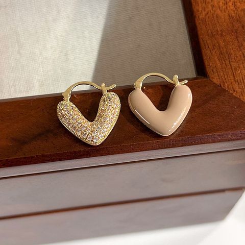 1 Pair Retro Heart Shape Inlay Copper Zircon Gold Plated Earrings