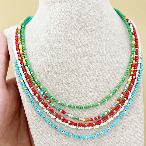 Vintage Style Color Block Seed Bead Beaded Chain Women's Necklace