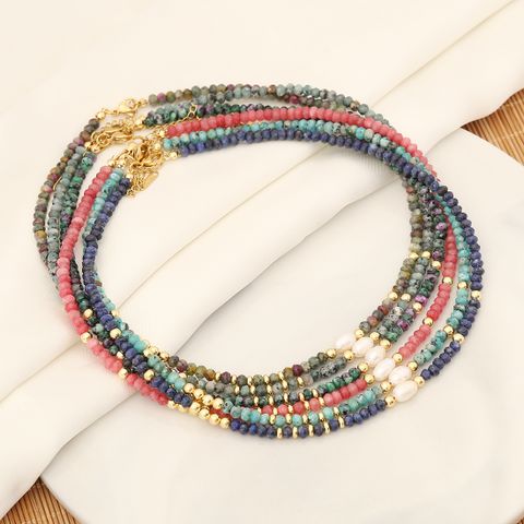 Wholesale IG Style Vintage Style Color Block Stainless Steel Natural Stone Copper Beaded Handmade 18K Gold Plated Necklace