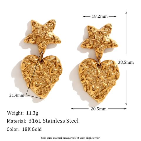 1 Pair Vintage Style Simple Style Star Heart Shape Plating Stainless Steel 18k Gold Plated Drop Earrings