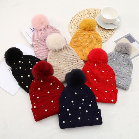 Women's Basic Sweet Simple Style Solid Color Pom Poms Pearl Eaveless Wool Cap