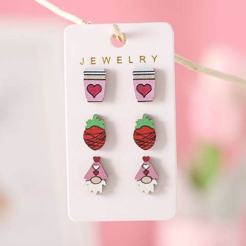 3 Pairs Vintage Style Heart Shape Strawberry Wood Ear Studs