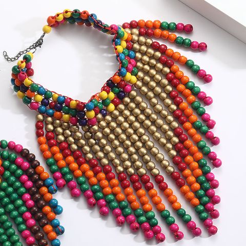 Vintage Style Color Block Wooden Beads Knitting Women's Necklace